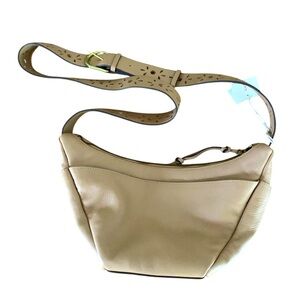 Lucky Brand Tan Leather Hobo Crossbody Adjustable Floral Cut Strap Neutral Bag